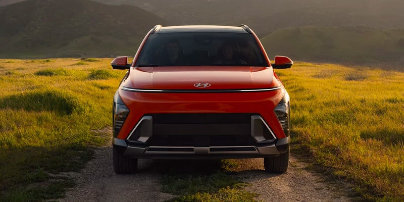 Front view of a red Hyundai Exter SUV parked on a dirt road, amidst
golden grassy fields and mountains.
